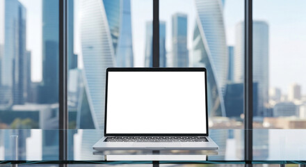 Fototapeta premium Modern Laptop with Empty Display in Office with Urban Skyscraper View