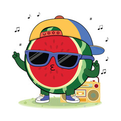 Cool And Cute Colorful Watermelon Fruit Cartoon Character Illustration Enjoying Music On The Radio