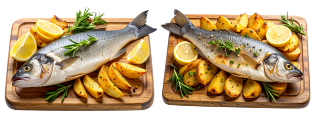 Cooked Whole Seabass with Roasted Potatoes, Lemon Slices, and Rosemary on Wooden Cutting Board, Isolated on Transparent Background