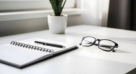 Desk Essentials: A minimalist workspace featuring a notebook, pen, and eyeglasses resting on a clean desk, near a small potted plant.  Sunlight gently illuminates the scene.