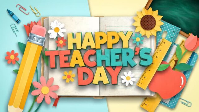 Animated Happy Teacher's Day Message with Pencil, Apple, and School Supplies