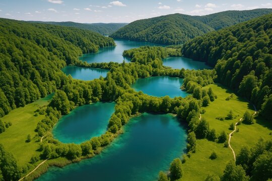 Bird's-eye view of a stunning nature reserve filled with numerous lakes