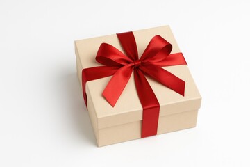 Obraz premium Elegant present wrapped with a satin ribbon on a clean white backdrop