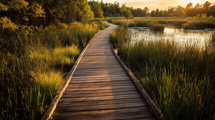 Obraz premium Boardwalk through a summer marsh at golden hour