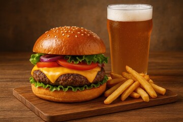 Juicy burger served on a rustic wooden platter with golden fries and a cold drink, tempting and flavorful, vertical photography