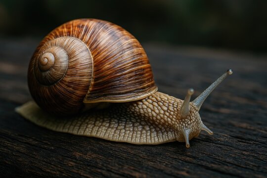 Detailed close-up of a snail on a dark wooden surface, ideal for nature-inspired logos, educational content, and conservation efforts.