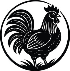 Stylized farm rooster illustration with bold black and red contrast