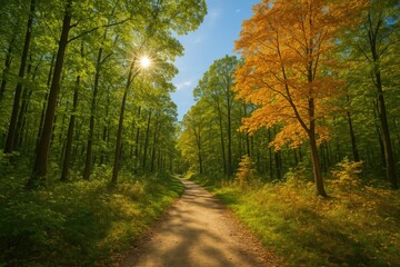 Obraz premium A sunlit trail winding through lush trees beneath a clear blue sky