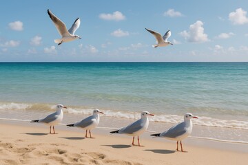 Stunning seaside scenery featuring a flock of birds in flight
