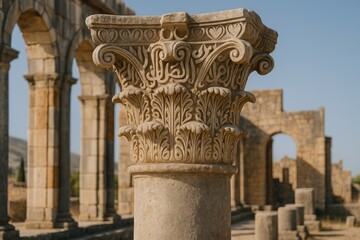 Obraz premium Elaborately sculpted top of a column in historic archaeological site
