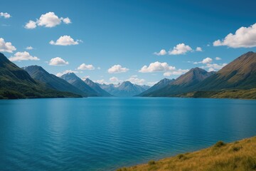 Naklejka premium Stunning scenic view with a serene blue lake surrounded by majestic mountains, highlighting nature and travel themes