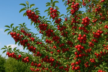 Vivid red crab apple tree loaded with ripe fruit