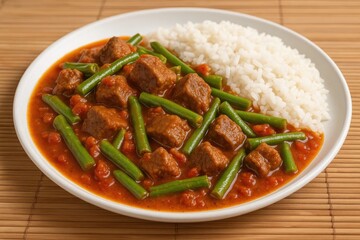 Fototapeta premium Hearty beef and green bean casserole served over rice