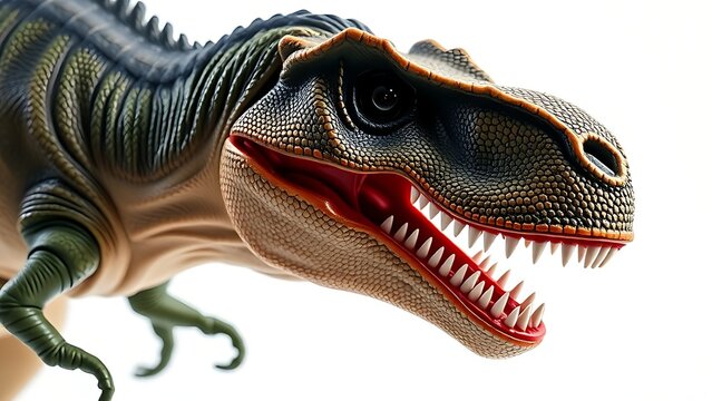 Detailed close-up of a fierce T-Rex figurine with sharp teeth on white background. - Powered by Adobe