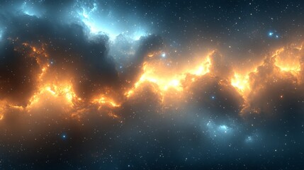 Fototapeta premium Celestial Symphony: A breathtaking vista unfolds, where radiant clouds ignite in a dance with the night, punctuated by sparkling stars.