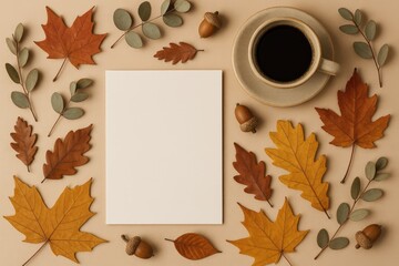 Fall-themed arrangement featuring a blank paper card on a neutral background