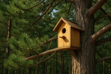 A rustic bird shelter nestled among tall pine branches
