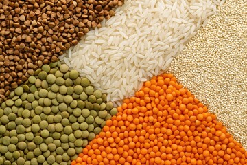 Variety of different grains including buckwheat, rice, lentils, and quinoa