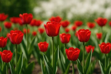 Obraz premium Vivid crimson tulips blooming in a lush garden bed