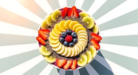 Nutritious Rainbow: A vibrant and artistic arrangement of fresh fruits create a tempting visual delight. Each segment radiates health and flavor. 