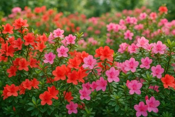Vivid and vibrant azalea flowers in a lush botanical garden