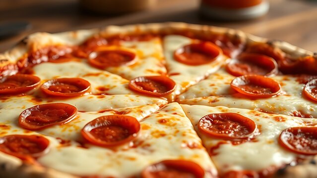 Close-up view of a pepperoni pizza with melted cheese on a rustic wooden table, evoking warmth.