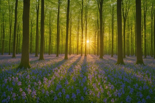 Stunning springtime scene of a bluebell woodland bathed in morning light