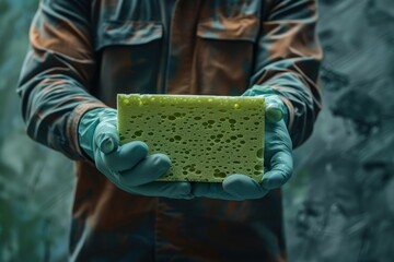 Detailed Color Picture of Cropped View of Man in Rubber Glove Holding Green Sponge
