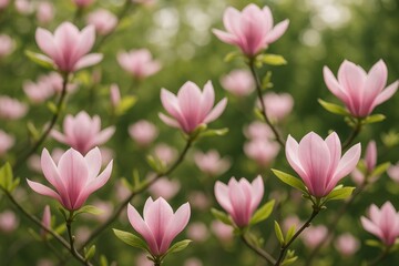 Obraz premium Springtime display of blooming magnolias in the botanical garden