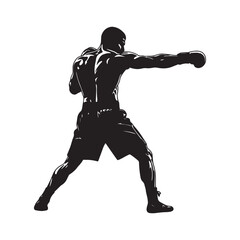 Naklejka premium Black Silhouette of a Boxer Throwing a Punch Muscular Male Athlete in Boxing Shorts and Gloves Dynamic Action Pose Back View Strong Powerful Figure Sports Graphic Design Element