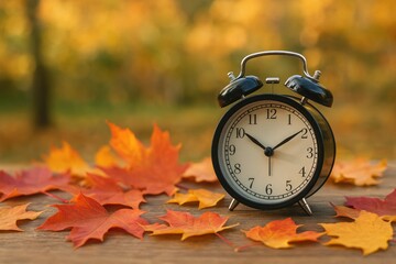 Autumn season featuring colorful leaves and a clock on a table in a garden setting