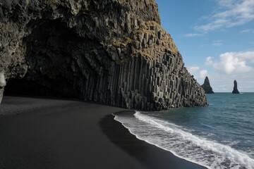 Hexagonal basalt rock formations inside a coastal cave in Iceland