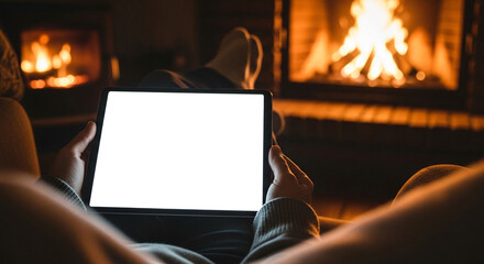 Relaxing by a warm fireplace with a blank tablet screen. Cozy home setting for digital leisure and content display.