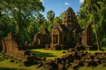Historical remnants hidden within lush jungle foliage