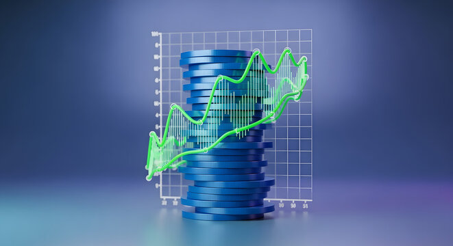 Stack of blue coins with a green line graph showing a downward trend, set against a grid background.