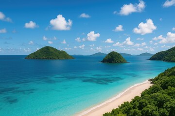 Fototapeta premium Stunning aerial perspective of lush tropical islands surrounded by the vast Pacific Ocean