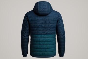 Rear Perspective of a Padded Blue and Teal Hoodie, Ideal for Outdoor Adventures or Casual Wear