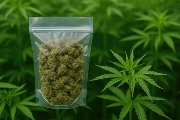Handheld pouch containing green herb for recreational use