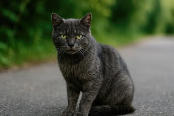 Fototapeta premium A lonely gray street feline with emerald eyes resting on the roadway, appearing hungry and forlorn