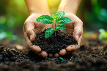Close-up of hands holding soil with a young plant, symbolizing growth and sustainability for World Wildlife Day.