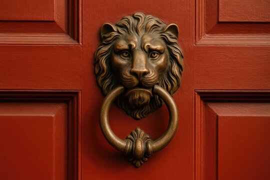 Vibrant crimson entrance featuring an ornate bronze lion head door handle with vintage design