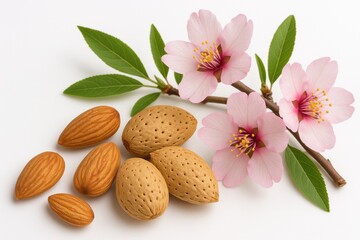 Detailed macro shot of almond nuts with shells alongside a branch of pink blossom flowers from a Prunus dulcis Amygdalus tree on a white background
