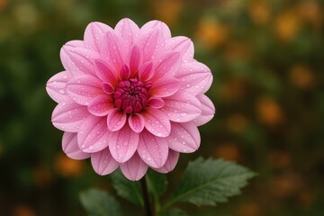 Obraz premium Vibrant pink dahlia in full bloom with rain droplets during fall, viewed from above against a soft-focus backdrop