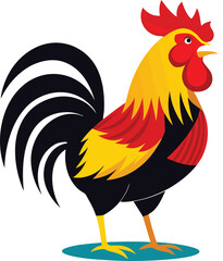 A vibrant collection of stylized rooster illustrations, showcasing the birds with detailed feathers and proud stances, often in a farm or natural setting
