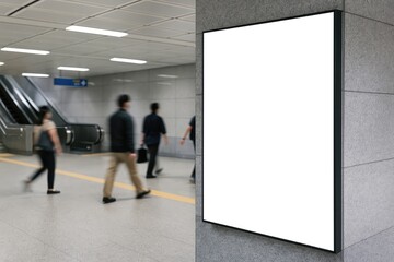 Empty billboard mock-up with clipping path near metro station entrance and walkway, blurred pedestrians, space for ads or info, advertising concept