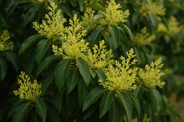 A lush avocado plant blossoming with numerous fresh flowers