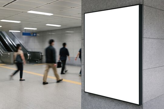 Empty billboard mock-up with clipping path near metro station entrance and walkway, blurred pedestrians, space for ads or info, advertising concept