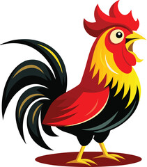 A vibrant collection of stylized rooster illustrations, showcasing the birds with detailed feathers and proud stances, often in a farm or natural setting