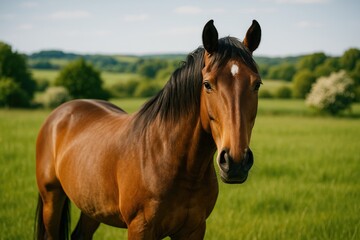 Obraz premium Elegant chestnut horse gazing directly at the lens