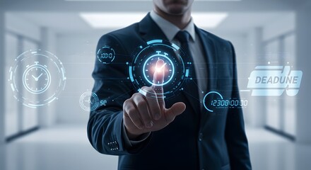 Businessman Interacting with Holographic Time Management Interface